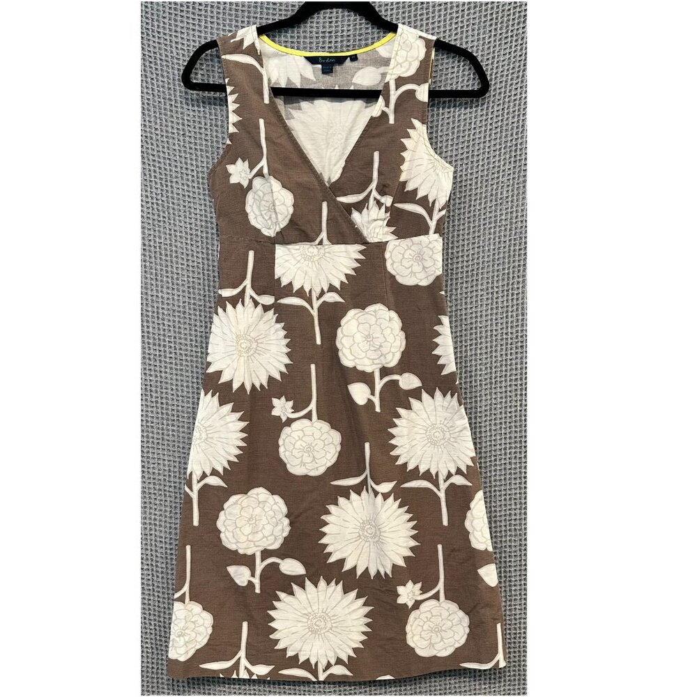 Boden Brown Cream Floral V-neck A-line Sleeveless Dress Women's 8R Casual Summer